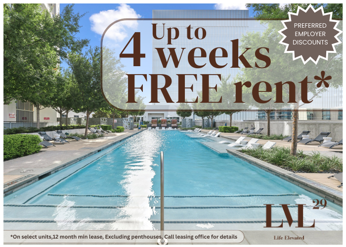 An inviting swimming pool at a luxurious apartment complex is the main focus, surrounded by lush greenery and modern buildings. The clear blue water reflects the bright, sunny sky, creating a serene and relaxing atmosphere. The pool area is well-maintained, with comfortable lounge chairs and umbrellas, perfect for a day of leisure. The image also highlights a promotional offer for up to four weeks of free rent, emphasizing the preferred employer discounts available. The overall setting suggests a high-quality, tranquil living environment ideal for relaxation and enjoyment.